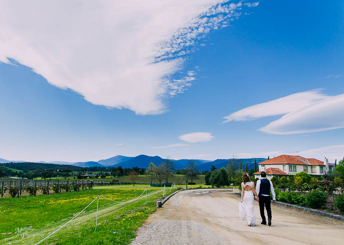 Bride and groom taking bridal shots at Tokar Estate, Coldstream