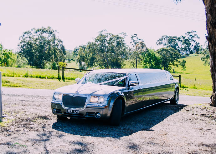 Limo arriving at Two Brookes Bar, Yarra Valley wedding venue