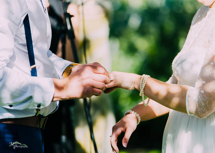 Groom placing ring on bride's finger
