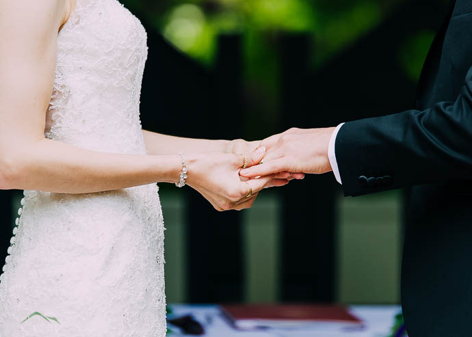 Bride placing ring on Groom’s finger