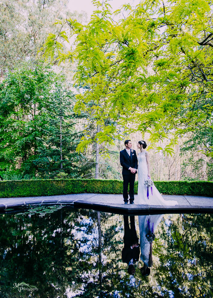 Bride and Groom reflected in a pond at Marybrooke Manor, Sherbrooke