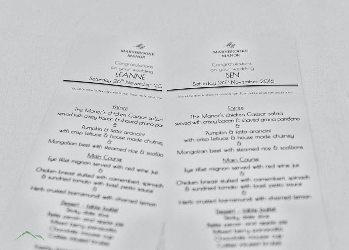 Menus at a wedding reception