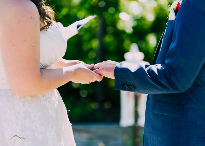 Bride putting ring on Groom’s finger