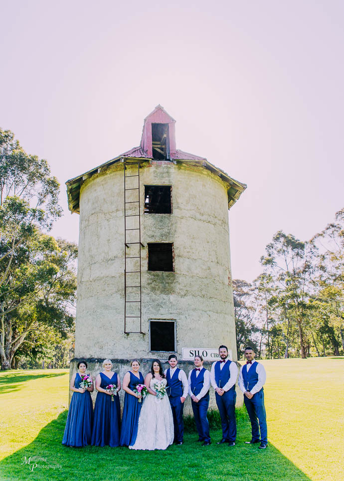 Bride and Groom in front of the silo at Warburton Golf Club