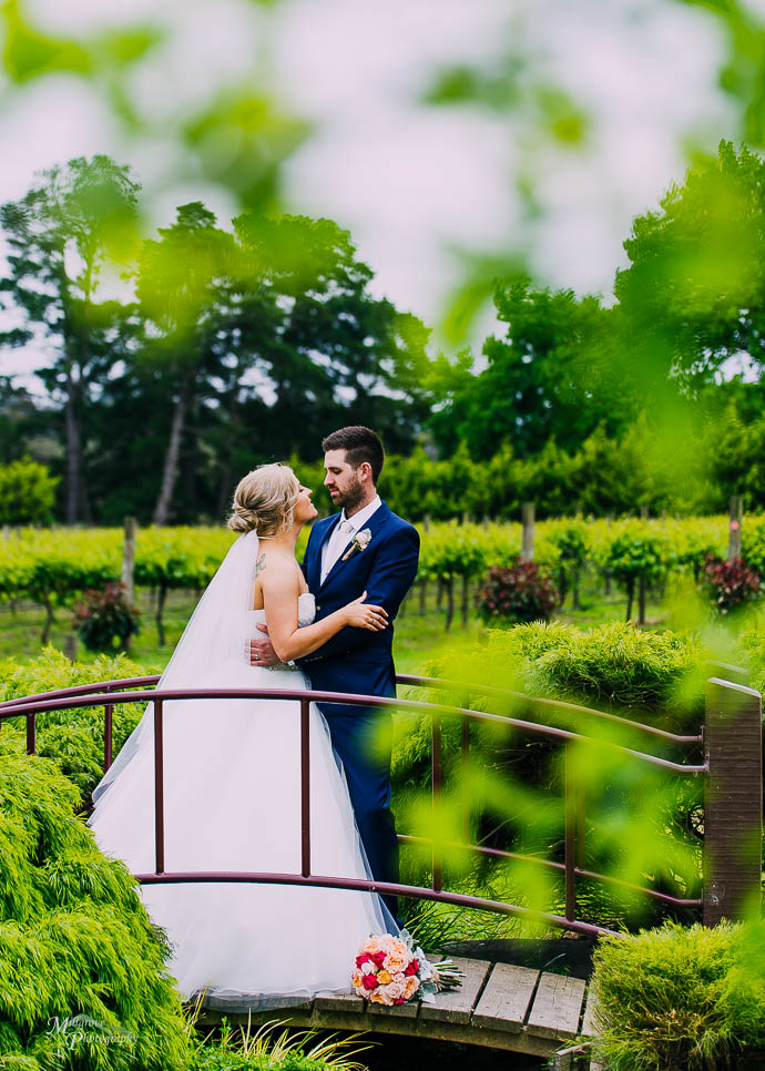 Bride and Groom on the little bridge at Wild Cattle Creek Winery