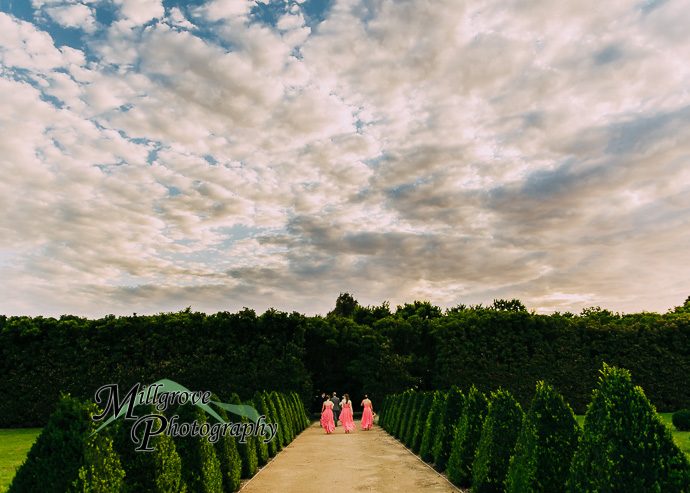 A bride and groom in a garden