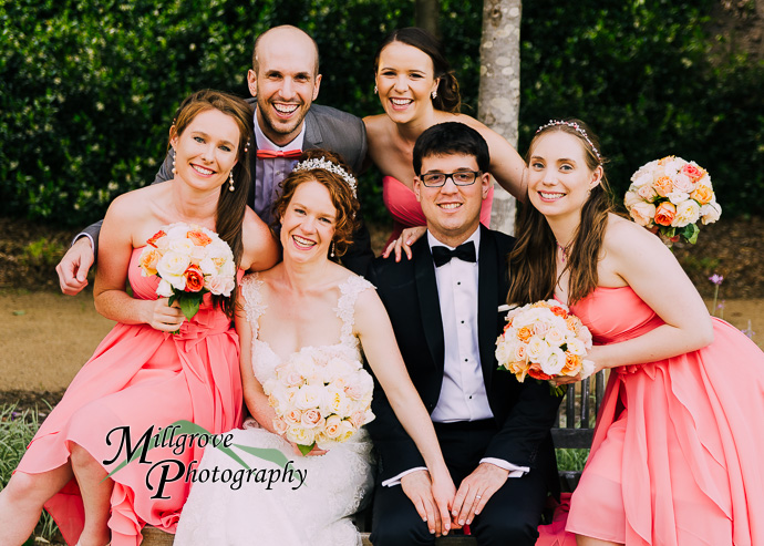 A bride and groom in a garden