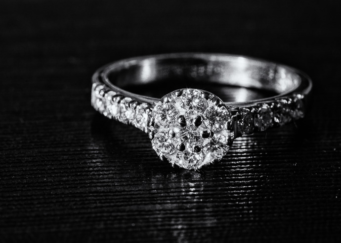 Black and white photo of engagement ring