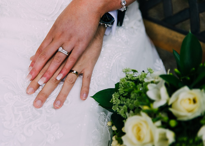 Hands with wedding rings and flowers