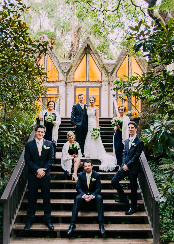 Bride and groom outside the chapel at Tatra receptions with bridal party