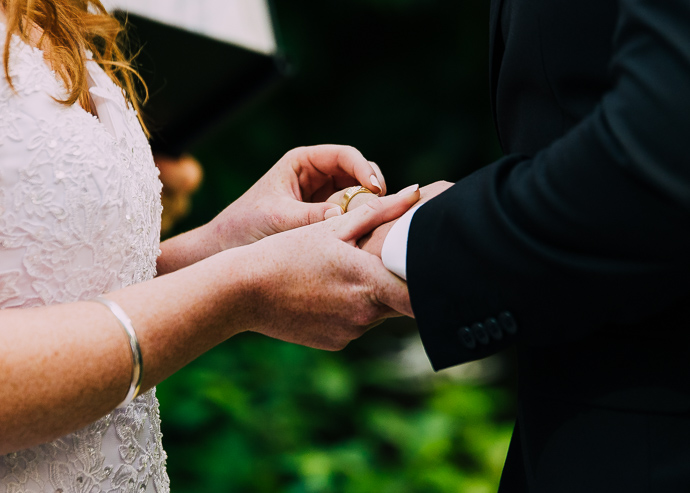 Bride putting ring on groom's finger