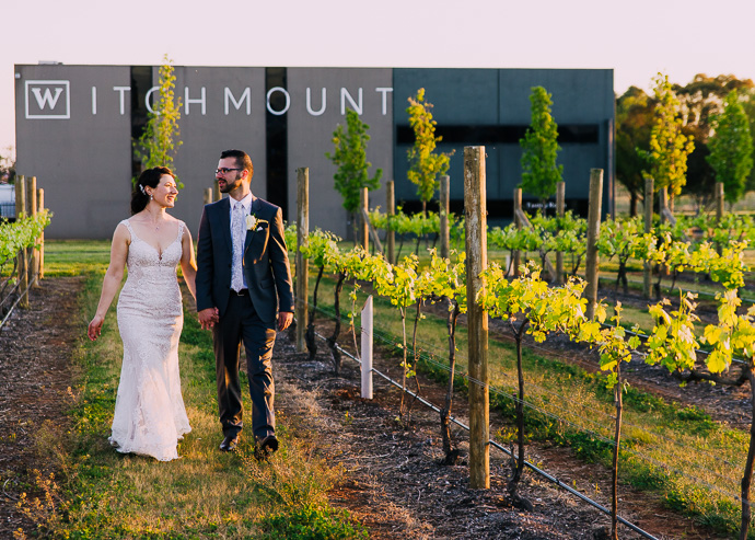 A bride and groom at a winery wedding at Witchmount Estate