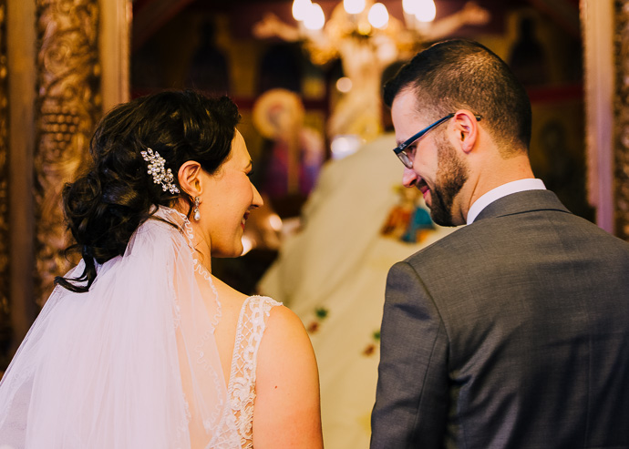 A bride and groom looking at each other