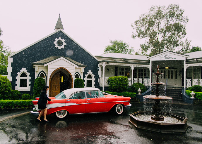 Yarra Valley Weddings - A red car outside a chapel