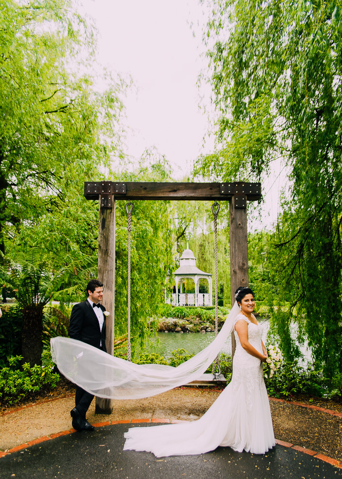 A bride's veil flying out