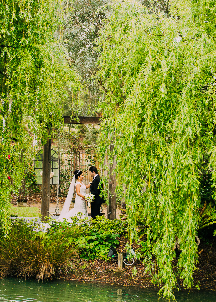A bride and groom with trees around them
