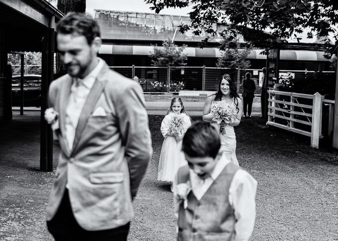 A wedding party, bride and groom at Puffing Billy station in Gembrook