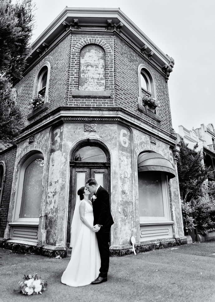 A bride and groom on their wedding day near South Melbourne Town Hall